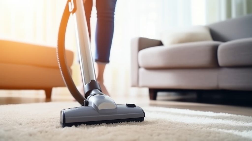 vacuuming a beige living room carpet